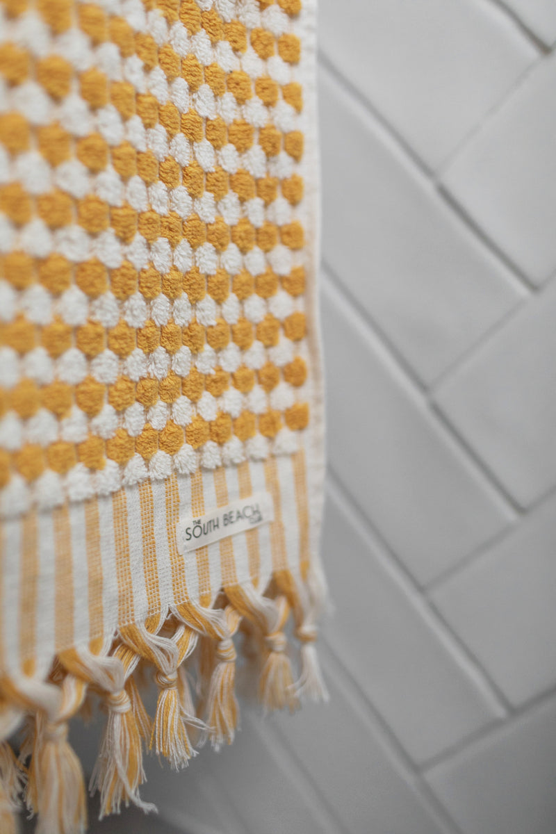 pom pom mustard Turkish bath hand towel
